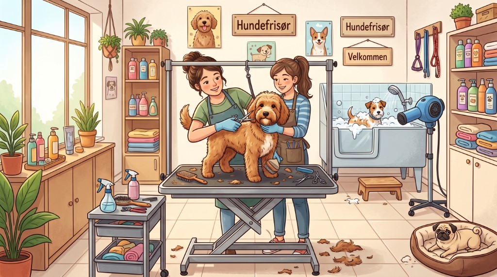 Tegning av en hundefrisørsalong med frisører og hunder.